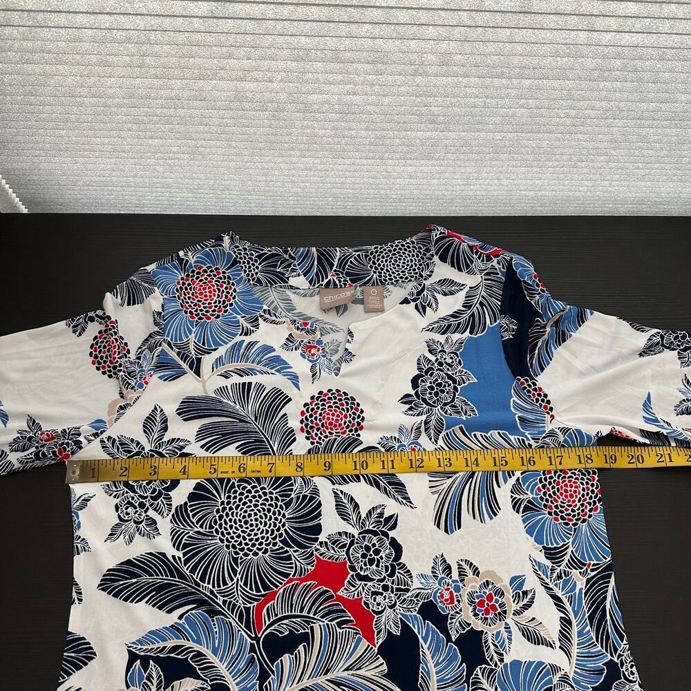 Chico's White Floral 3/4 Sleeve Marigold Cutouts Split-Neck Tunic Top Size Small - Picture 12 of 14